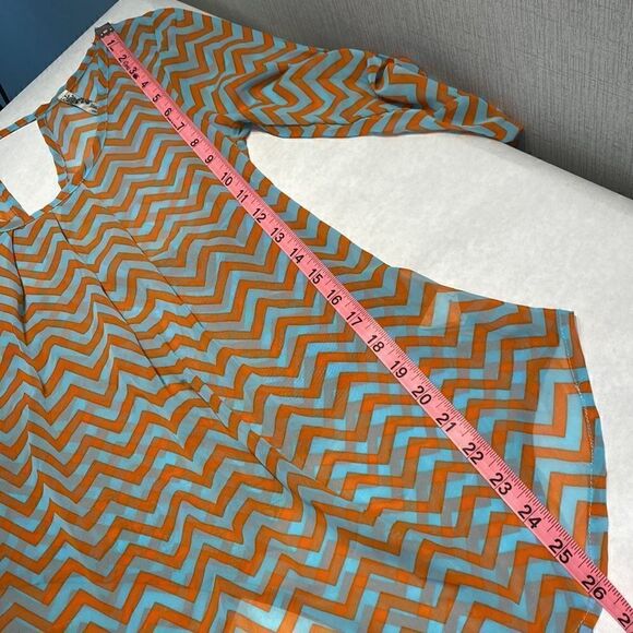 Yahada Sheer Blouse Top Shirt Size Small Turquoise Orange Chevron 3/4 Sleeve - Picture 12 of 13